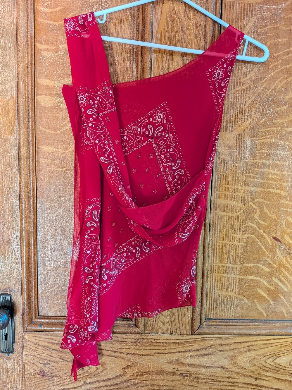 Y2K Limité Red Bandana Print One-Shoulder Mesh Top Handkerchief Hem